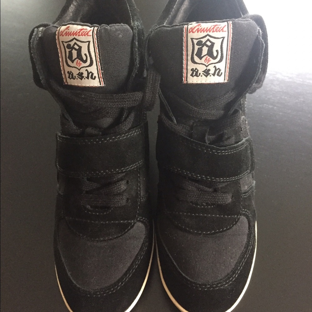 Ash Black Suede Wedge Sneakers with Cream Trim - Picture 2 of 4